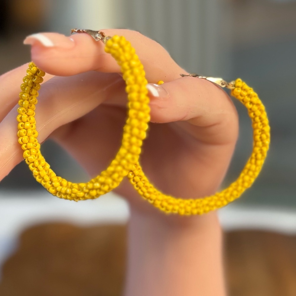 Bright Yellow Seed Bead Hoop Earrings Boho Summer Festival Vibes - Picture 6 of 9